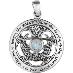 Sterling Silver Cut Out Moon Pentacle Pendant with Natural Rainbow Moonstone; 1 Inch Diameter