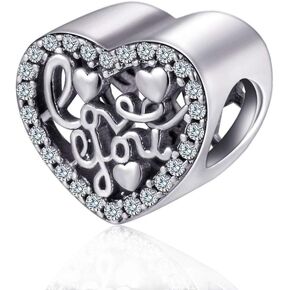 925 Sterling Silver Heart Charm Love You Charm Crystal Charm Anniversary Charm Valentine Charm for Pandora Charms Bracelet