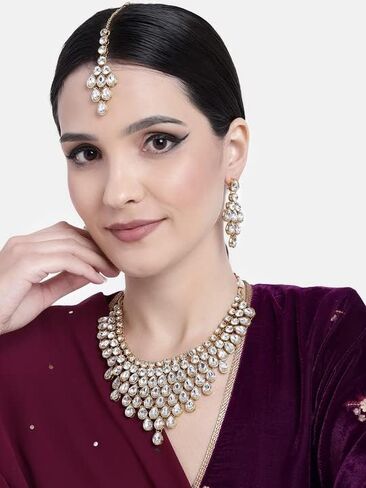 I Jewels 18k Gold Plated Indian Traditional Bollywood Style Wedding Stone Studded Bridal Choker Necklace Set for Women in Saudi Arabia