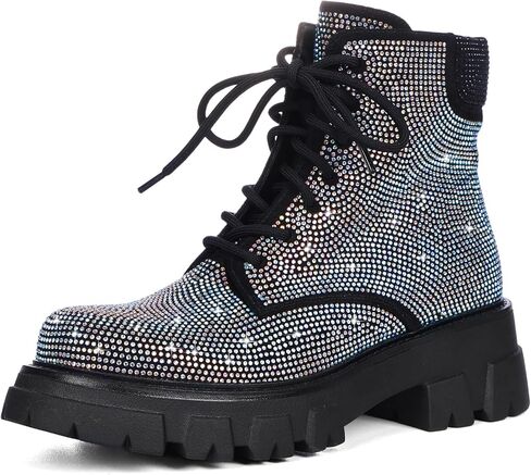 Wavyvigs Rhinestone Combat Boots Platform Chunky Heel Lace Up Ankle Boots Side Zipper in Saudi Arabia