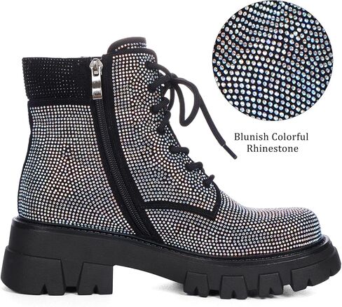 Wavyvigs Rhinestone Combat Boots Platform Chunky Heel Lace Up Ankle Boots Side Zipper in Saudi Arabia