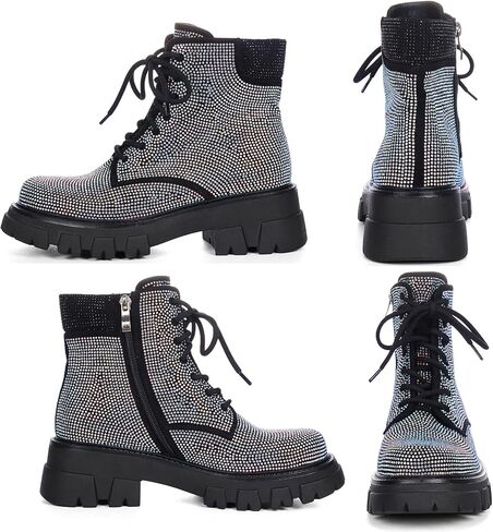 Wavyvigs Rhinestone Combat Boots Platform Chunky Heel Lace Up Ankle Boots Side Zipper in Saudi Arabia