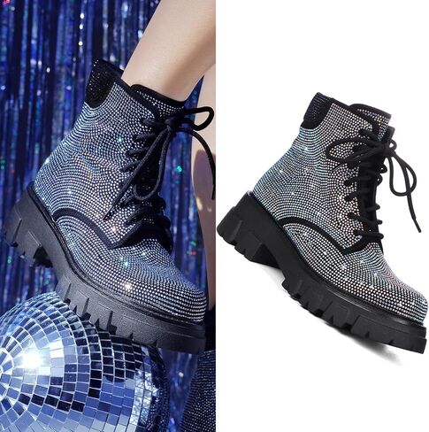 Wavyvigs Rhinestone Combat Boots Platform Chunky Heel Lace Up Ankle Boots Side Zipper in Saudi Arabia