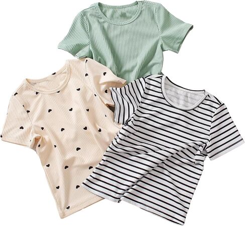 OYOANGLE Girl's 3 Packs Rib Knit Heart Print Short Sleeve Round Neck Tee Shirt Striped Casual Tee Tops Packs of 3 in Saudi Arabia