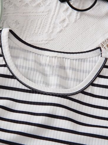 OYOANGLE Girl's 3 Packs Rib Knit Heart Print Short Sleeve Round Neck Tee Shirt Striped Casual Tee Tops Packs of 3 in Saudi Arabia