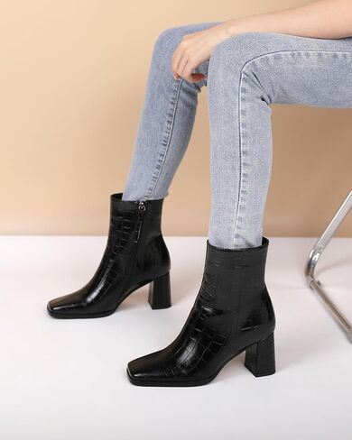 Womens Ankle Boots Chunky Heel Boots Ankle Booties Square Toe 3 Inch Side Zip Boots Fall Shoes US Size 5-13 in Saudi Arabia