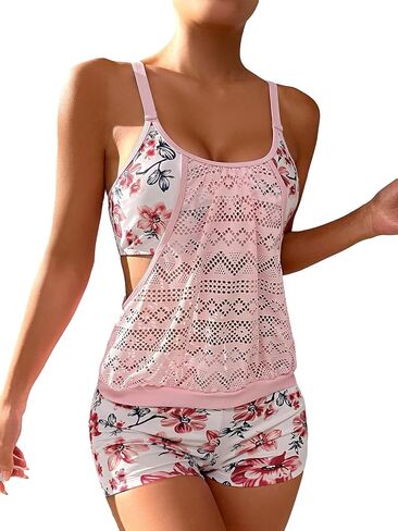 COZYEASE Women's Hollow Out Swimsuits 2 Piece Floral Print Bathing Suit Cut Out Swimwear with Shorts Set in Saudi Arabia