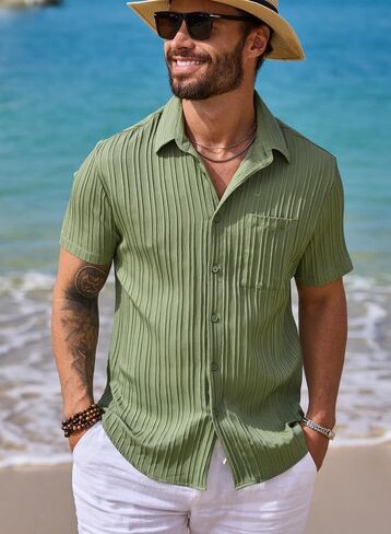 JMIERR Men's Button Down Shirts Textured Short Sleeve Casual Summer Hawaiian Beach Shirt with Pocket in Saudi Arabia