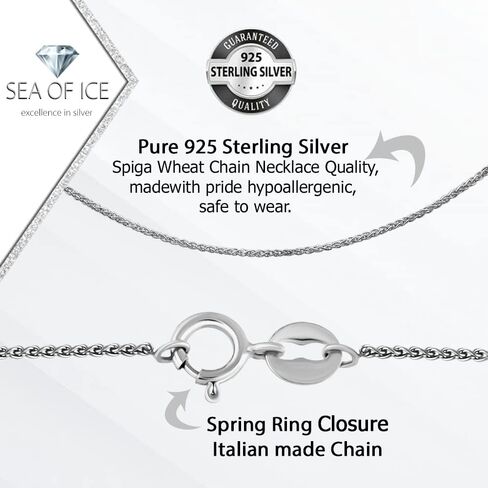 SEA OF ICE قلادة سلسلة قمح Spiga الإيطالية - قلادة سلسلة فضية للنساء والرجال - سلسلة مجوهرات مقفلة بحلقة ربيعية من الفضة الإسترليني عيار 925 - سلسلة فضية متعددة الأحجام للجنسين in Saudi Arabia
