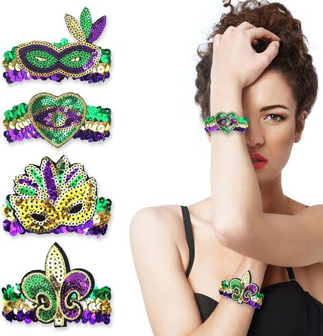 4 PCS Mardi Gras Bracelet Glitter Green Purple Sequins Bracelets in Saudi Arabia