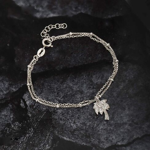 Vanbelle Sterling Silver Jewelry Multi Layered Chain Bracelet with Hanging Palm Tree and Rhodium Plated for Women and Girls in Saudi Arabia