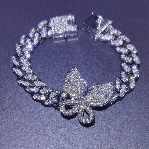 Butterfly Cuban Bracelet Cuban Link Bracelets Pave Iced Out Crystal Bling Butterfly Bracelets Gold Silver Color CZ Butterfly Bracelet Bangle for Women Girl Hip Hop Rapper Jewelry in Saudi Arabia
