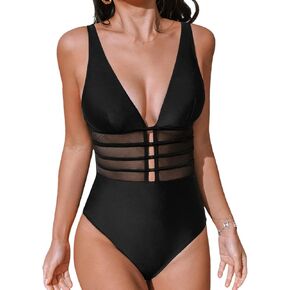 CUPSHE Women's One Piece Swimsuit Tummy Control Bathing Suit Deep V Neck Cut Out Mesh Adjustable Straps
