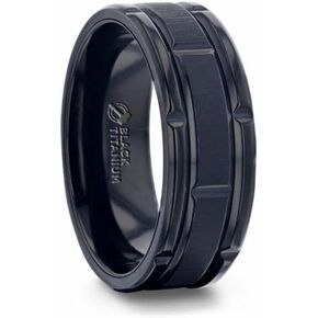 Mens Black Titanium Alternating Grooved Horizontal Etched Finish Wedding Ring - Beveled Polished Comfort Fit - 8mm Wide - Style name: WYNN