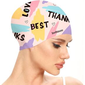 Silicone Swim Cap for Women, Waterproof Long Hair Swimming Caps with Fashion Printed