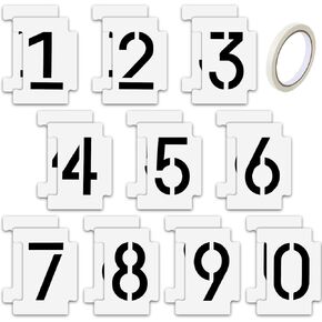 20 Pieces Curb Stencil Kit 0-9 Numbers Stencils Kit 14 Mil Plastic and 4 Inch Tall Numbers with Masking Tape for Mailbox Address Painting
