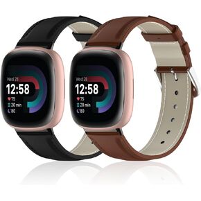 2 Pack Leather Bands Compatible with Fitbit Sense/Fitbit Versa 3 Bands Women Men,Soft Genuine Leather Replacement Wristband for Fitbit Versa 3/Versa 4/Sense/Sense 2 Smartwatch