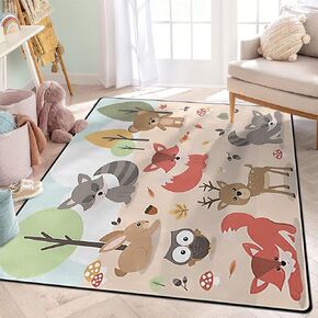 Cartoon Forest Animals Area Rug, Cute Woodland Deer Rabbit Bear Fox Owl Bird Rugs for Nursery Children Kids Girls Room Playroom Living Room Home Decorative, ​5'x7' (80 X 58 in) Pink