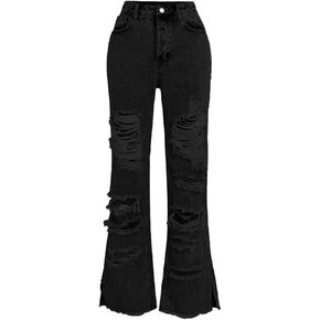 Flamingals Stretchy Straight Leg Mid Waist Distressed Frayed Split Hem Jeans for Women