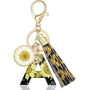XGALBLA Alphabet Initial Letter Keychain Tassel Sunflower Initial Key Ring for Bag Charm Purse Handbags for Women Girl
