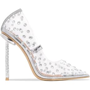 كعب نسائي من MissHeel فضي لامع وشفاف مع حجر الراين ومقدمة مغلقة وكعب عالٍ وكعب ستيليتو وكعب مدبب من الكريستال أحذية الزفاف مقاس 8.5 in Kuwait