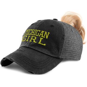 Custom Womens Ponytail Cap Michigan Girl United States Embroidery Cotton