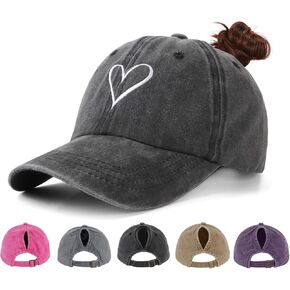 Ponytail Baseball Cap for Women - Vintage Washed Adjustable Love Heart Embroidered High Bun Hat Ladies Gifts