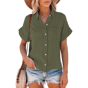 Shebote Womens Short Sleeve Cotton Button Down Up Shirt Collared V Neck Tops Shirts Blouses Dress for Women Western Wear