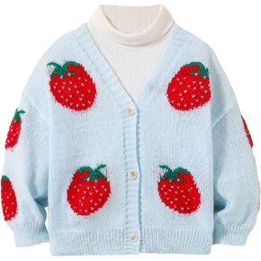 WDIRARA Toddler Girl's Strawberry Pattern Button Front Drop Shoulder Casual Lightweight Cardigans