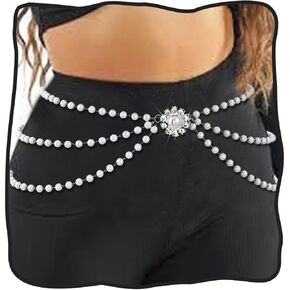 DRESBE Layered Pearl Waist Chain Belt Silver Rhinestone Waistband Beads Belly Chains for Women