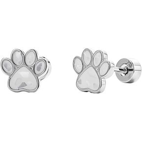 20G Paw Print White Enamel Screw Flat Back Small Tiny Stud Earrings for Women Teen Girls Cute Stainless Steel Dog Cat Footprint Cartilage Tragus Piercing Little Studs Hypoallergenic Jewelry Gift