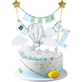 مجموعة أعلى كعكة عيد ميلاد الصبي الأول بريق كعكة عيد ميلاد سعيد راية العلم الأول كعكة عيد ميلاد توبر مع منطاد الهواء الساخن الغيوم نجوم لاستحمام الطفل لوازم حفلة عيد ميلاد الصبي - الأزرق