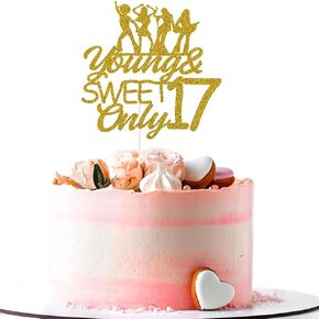 يونغ آند سويت أونلي 17 كعكة توبر، عيد ميلاد سعيد 17/هتاف حتى 17 عامًا، الملكة الراقصة 17، الفتيات الإناث النساء حفلة عيد ميلاد الديكور بريق ذهبي in Kuwait