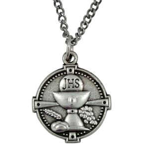 First Communion Pendant Necklace with Silver Tone Round IHS Chalice Medal, 3/4 Inch