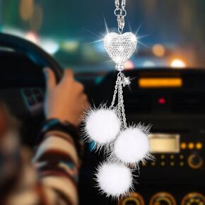 ToBeQueen Bling Car Rear View Mirror Accessories for Women, Diamond White Heart Charm Decor with 3 Fuzzy Drops, Car Rearview Mirror Pendant Lucky Hanging Accessories(Pink)