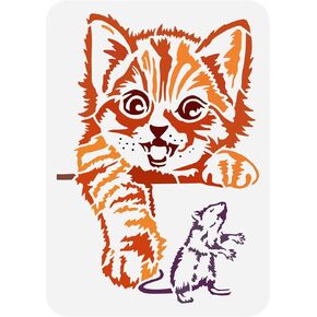 FINGERINSPIRE Cat Catches Mouse Painting Stencil 8.3x11.7inch Reusable Cute Cat Drawing Template Plastic PET Mouse Stencil for Painting Animal Theme Stencil for Home Wall Furniture Floor Decoration