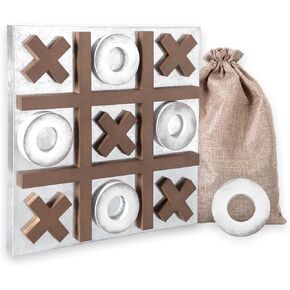 Play Platoon Magnetic Tic Tac Toe Game - Large Metal and Wooden Wall Mounted Board Games - 13.5 Inch Table Top or Wall Mounted Farmhouse Rustic Wall Decor for Game Room - Barnwood