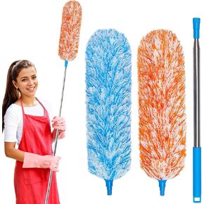 100-inch Extendable Duster, Microfiber Feather Duster with 2 Duster Head, Bendable Head, Telescoping Pole, Scratch-Resistant Cover, Washable Duster for Home, Office, Car