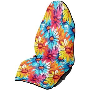 Colorful Daisy Floral Print Sweat Towel Car Seat Cover Rainbow Watercolor Flower Front Seat Cover Waterproof Stain Resistant Car Seat Universal Fit for Most Cars Trucks Suvs