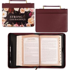 Christian Art Gifts Protective Faux Leather Fashion Bible Cover Carry Case with Handle for Women: Strong and Courageous - Joshua 1:9 Inspirational Bible Verse - Merlot Floral Rose Bouquet, Medium