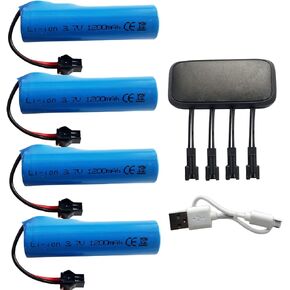 3.7V 1200mAh Li-ion Battery SM-2P Plug and 4-in-1 USB Charger for RC Cars RC Trucks Toy Robots Stunt Cars Bazooka Rocket Bubble Gun Replacement Battery