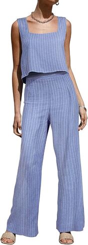 ROYLAMP Women's Summer 2 Piece Outfits Sleeveless Square Neck Tops Wide Leg Pants set Jumpsuit with Pockets in Kuwait