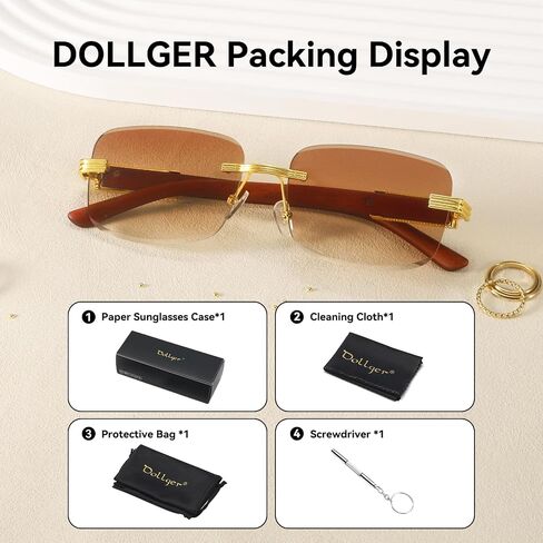 Dollger Rimless Rectangle Sunglasses for Women Men Fashion Hip hop Frameless Designer Shades Wooden Y2K Square Glasses in Saudi Arabia