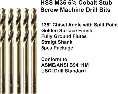MAXTOOL 3/16" 5pcs Identical Screw Machine Drills HSS M35 Cobalt Twist Stub Drill Bits Fully Ground Golden Straight Shank Short Drills; SMF35G10R12P5 in Saudi Arabia