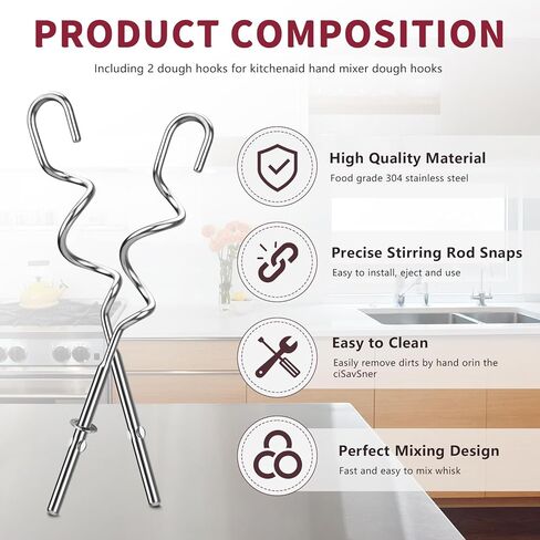 خطاف عجين لاستبدال خلاط اليد لخطافات العجين اليدوية لخلاط المطبخ، خطافات العجين المصنوعة من الفولاذ المقاوم للصدأ مناسبة لسلسلة KHM 5KSM KSM KSMO KSMH من خلاط كيتشن ايد باليد، قطعتان. in Kuwait