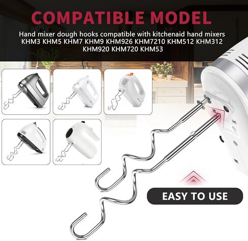 خطاف عجين لاستبدال خلاط اليد لخطافات العجين اليدوية لخلاط المطبخ، خطافات العجين المصنوعة من الفولاذ المقاوم للصدأ مناسبة لسلسلة KHM 5KSM KSM KSMO KSMH من خلاط كيتشن ايد باليد، قطعتان. in Kuwait