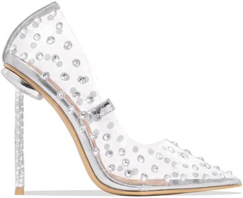 كعب نسائي من MissHeel فضي لامع وشفاف مع حجر الراين ومقدمة مغلقة وكعب عالٍ وكعب ستيليتو وكعب مدبب من الكريستال أحذية الزفاف مقاس 8.5 in Kuwait