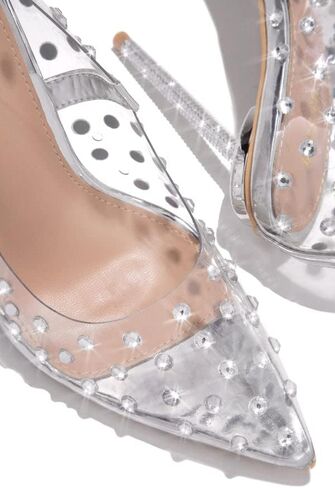 كعب نسائي من MissHeel فضي لامع وشفاف مع حجر الراين ومقدمة مغلقة وكعب عالٍ وكعب ستيليتو وكعب مدبب من الكريستال أحذية الزفاف مقاس 8.5 in Kuwait