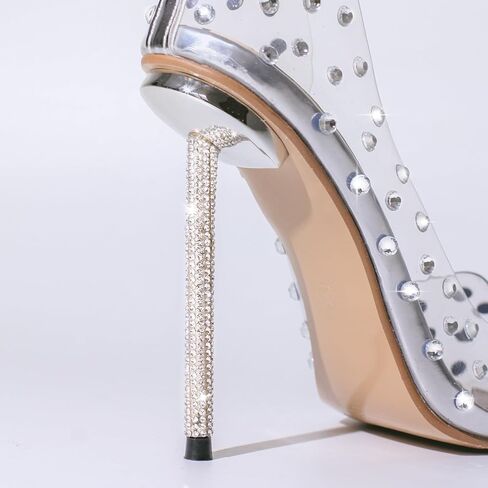 كعب نسائي من MissHeel فضي لامع وشفاف مع حجر الراين ومقدمة مغلقة وكعب عالٍ وكعب ستيليتو وكعب مدبب من الكريستال أحذية الزفاف مقاس 8.5 in Kuwait