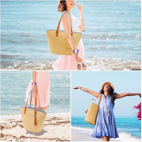 Large Straw Beach Bags for Women Large Tote Bag Summer Travel With Pom Poms in Saudi Arabia